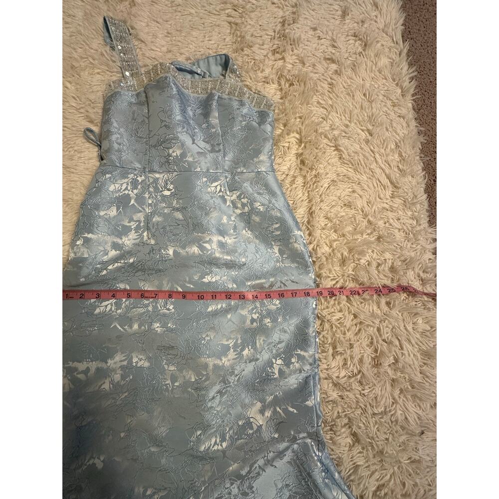 Blue Jacquard Sequin Corset Back Removable Bow Dress Long Gown Sz S - Picture 14 of 16